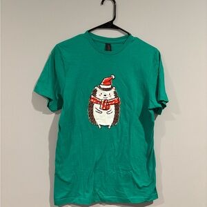 Green T-Shirt with Festive Hedgehog Design
